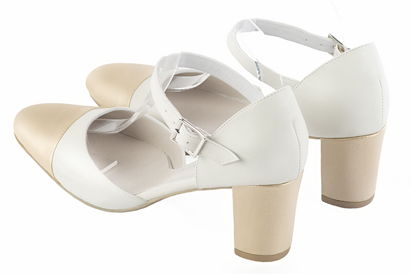 Gold and off white women's open side shoes, with an instep strap. Round toe. Medium block heels. Rear view - Florence KOOIJMAN